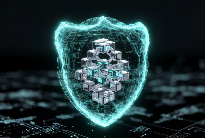 A glowing blue digital shield containing blockchain cubes floats above a circuit board background.