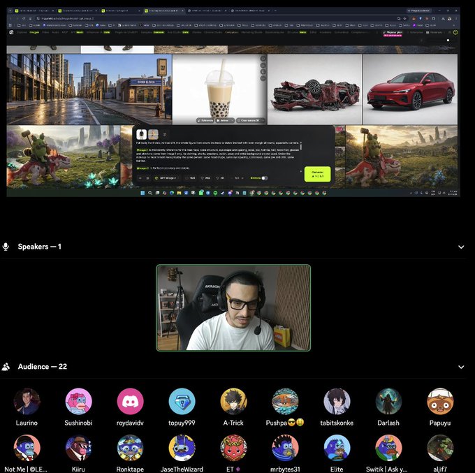 A screenshot of a Discord stream showing a speaker and an audience of 22, displaying various AI-generated images.