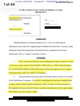 The image is the first page of a legal complaint filed by Chainalysis Government Solutions, LLC in the U.S. Court of Federal Claims (No. 1:26-cv-0367-SSS), alleging that the Department of Homeland Security improperly awarded a blockchain analytics contract to TRM Labs after allegedly inflating TRM's proposal by $1,250,000 and making "TBD" references instead of firm numbers. The image relates to the post by showing Chainalysis actively suing a U.S. government agency (DHS/ICE) over contract disputes, which contextualizes the author's claim about Chainalysis's reliance on government clients and questions about the reliability of its clustering methods.