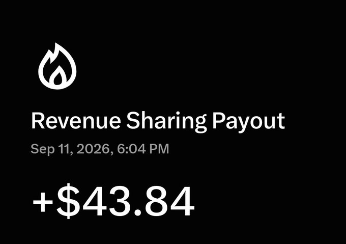 A mobile screenshot on a black background showing a 'Revenue Sharing Payout' notification dated Sep 11, 2026, 6:04 PM, for the amount of +$43.84.