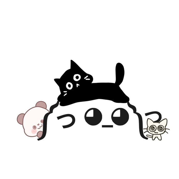 A cute illustration of a black cat lying on top of a white character's head, with a small white cat peeking out from the side.