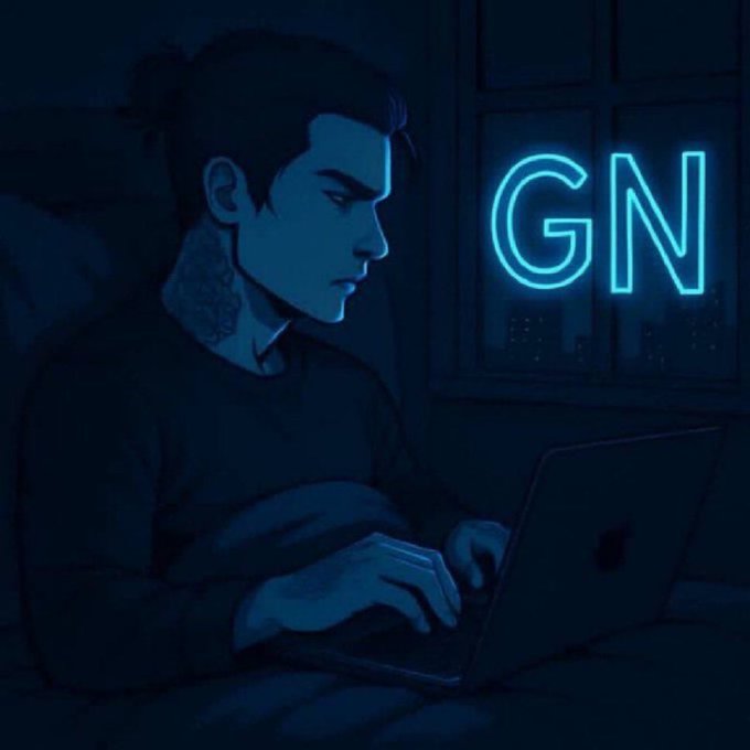 A stylized digital illustration of a man with a man bun and neck tattoos working on a laptop in a dark room with a glowing neon 'GN' sign in the window.