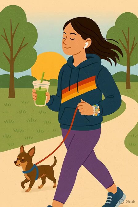 The image features a woman walking her small dog down a path, both of them enjoying their time outdoors. She is wearing a hoodie with a colorful striped pattern and purple pants while holding a drink in one hand and a leash in the other. The background includes trees and a sunset, creating a serene atmosphere for the scene.

The post also mentions that "Good Evening legends" can hit $100 this year, which could be related to an upcoming event or promotion. This information is not directly connected to the image but might be relevant to the context of the post.