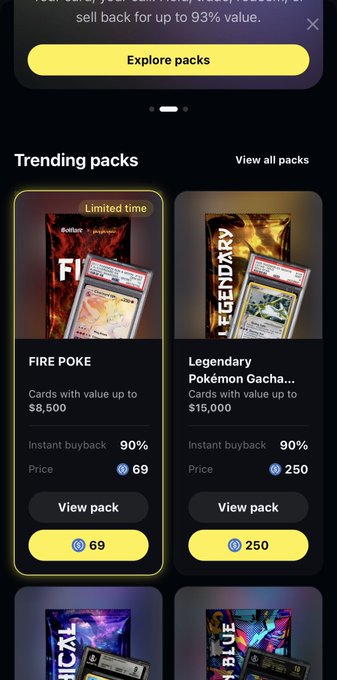 A mobile app interface displays trending Pokémon trading card packs including 'FIRE POKE' for 69 coins (up to $8,500 value) and 'Legendary Pokémon Gacha' for 250 coins (up to $15,000 value), both offering 90% instant buyback.