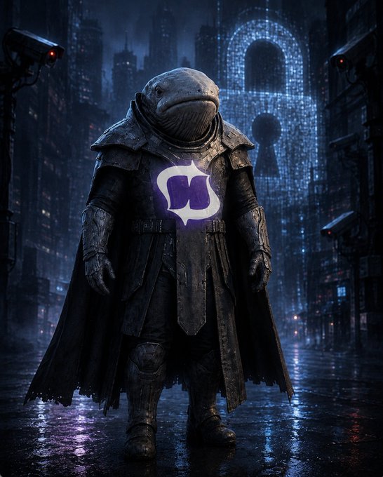 A hooded, frog-headed figure stands in a dystopian urban alley, wearing dark tattered robes emblazoned with the purple Uniswap (UNI) logo on its chest. The cloaked, anonymous appearance visually reinforces the post's message about privacy and discreet crypto transactions, suggesting the need to keep financial activity hidden from centralized exchanges and prying eyes.