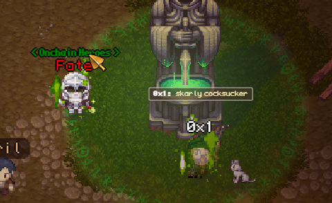 The image shows a pixelated RPG-style game scene from what appears to be "Onchain Heroes," featuring the text "Onchain Heroes" and a character named "Fafa" alongside a green ogre labeled "skarly cocksucker" with a 0x1 health bar, both interacting with a large stone statue/fountain in a grassy arena. This visual directly supports the post's bullish sentiment about developer Skarly, whose in-game avatar is humorously named as the defeated ogre mob, while the game itself (Onchain Heroes) is the project mentioned in the post that Skarly founded after his tenure at Wolf Dot Game.