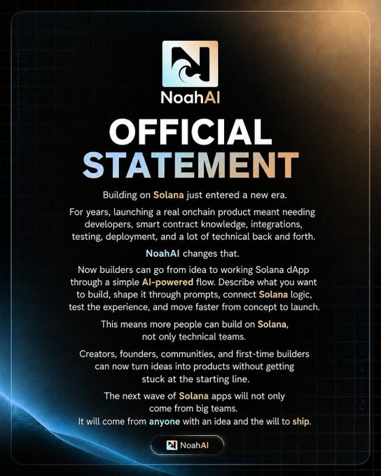 An official statement graphic from NoahAI announcing a new AI-powered platform that enables anyone—regardless of technical skill—to build and launch Solana dApps through prompts, directly supporting the post's announcement that building on Solana has entered a new era.