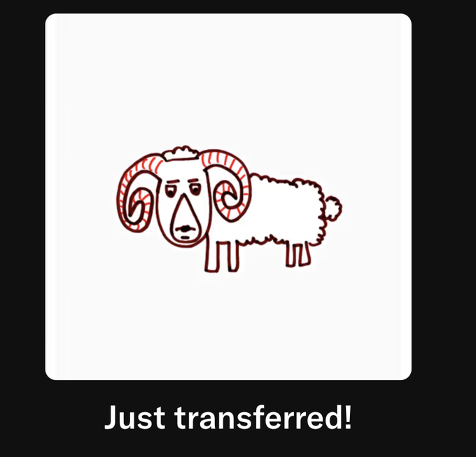 A simple line drawing of a ram/sheep with curly horns in red and black on a white background, with the text 'Just transferred!' below.