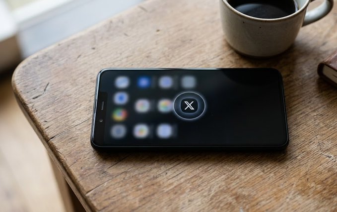A smartphone resting on a wooden table next to a coffee mug, displaying a blurred home screen with app icons and an 'X' symbol overlaid in the center.
