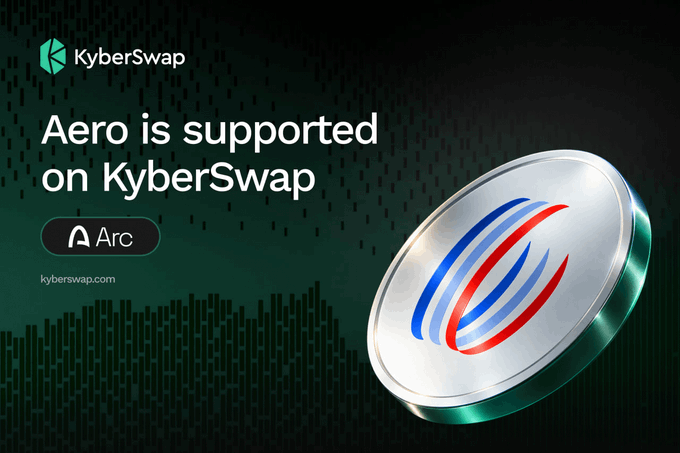 A promotional graphic announcing that 'Aero is supported on KyberSwap', featuring the KyberSwap logo and a metallic 3D Aero coin with red and blue swooshes.