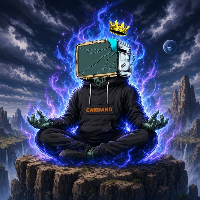 A digital illustration depicts a robot-headed figure in a black 'CARDANO' hoodie meditating in a lotus pose, surrounded by glowing blue and purple flames with a golden crown floating above.