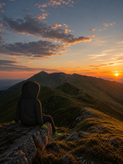 A 3D-rendered figure in a black hoodie sits on a rocky mountain ledge, watching a vibrant sunset over distant green mountain ranges.