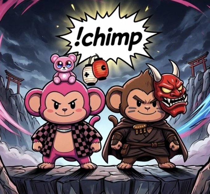 An illustration of two cartoon chimpanzees, one in pink with a checkered jacket and a small pink bear on its head, the other dressed as a samurai holding a red demon mask, with a speech bubble reading '!chimp'.