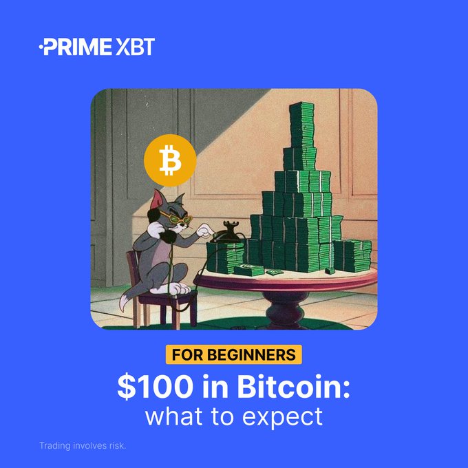 Blue promotional graphic for PrimeXBT featuring Tom from Tom and Jerry counting stacks of money, with text 'FOR BEGINNERS $100 in Bitcoin: what to expect' and a Bitcoin logo.