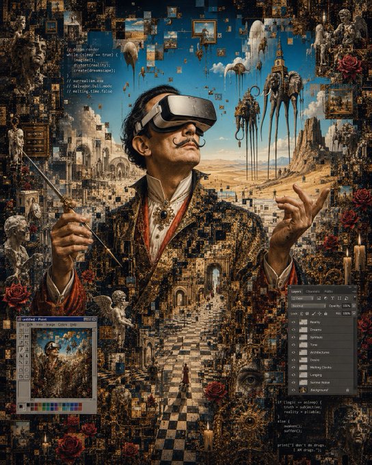 A surreal digital artwork depicting Salvador Dalí wearing a VR headset, dressed as the magician in his painting 'Slave Market,' with cascading architectural imagery and Photoshop interface elements.