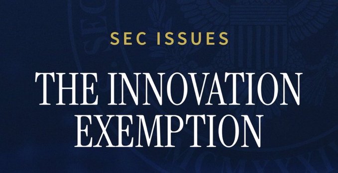 A graphic with a dark blue background featuring the SEC seal, displaying the text 'SEC ISSUES' above the large headline 'THE INNOVATION EXEMPTION'.