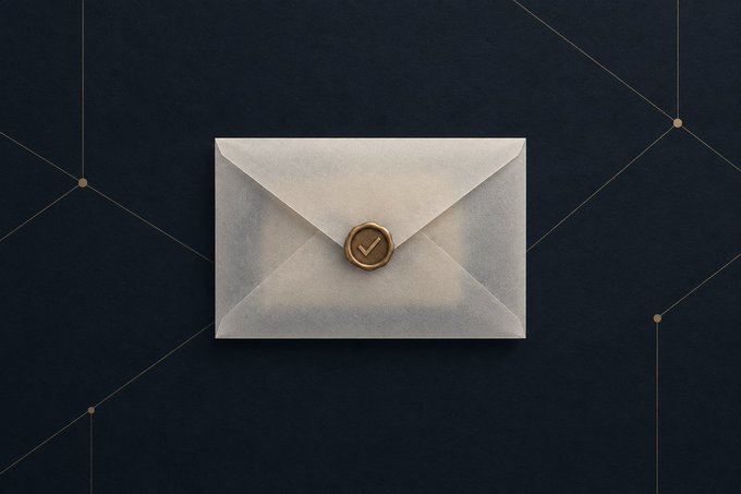 A cream-colored sealed envelope with a gold wax seal rests against a dark navy background with subtle gold geometric lines.