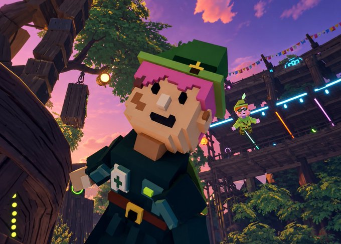 A 3D rendered scene from a video game showing a blocky character with pink hair and a green hat in a forest village setting at sunset, with another character jumping in the background.