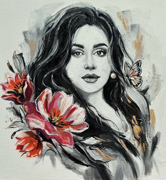 A mixed-media portrait sketch of a woman with dark hair and freckles, accented by red watercolor lilies and a butterfly in the composition.