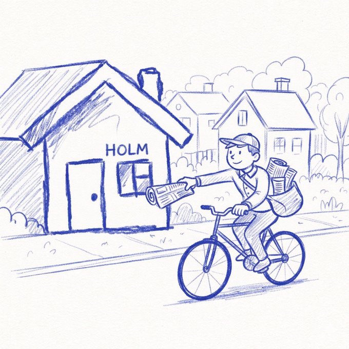 A blue pen sketch of a newspaper delivery boy riding a bicycle and handing out a rolled newspaper, with a house labeled 'HOLM' in the background.