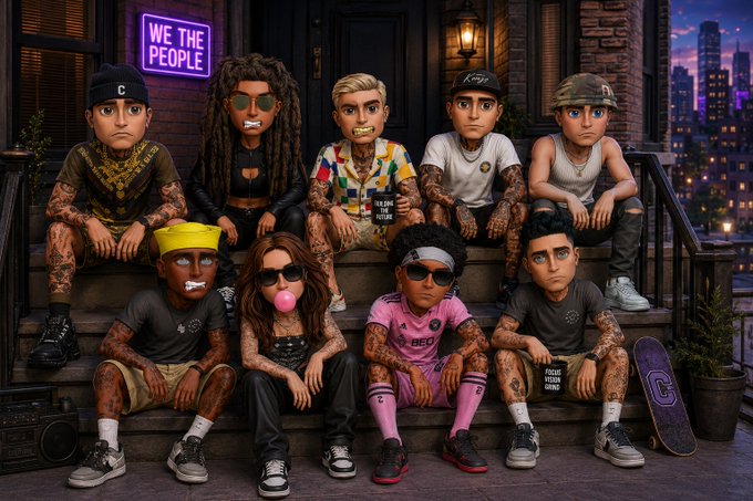 A group of nine stylized cartoon characters with tattoos and streetwear sit on stoop steps beneath a glowing "WE THE PEOPLE" neon sign, visually reinforcing the post's message that communities and people are the foundation of markets. The hashtag #WeThePeople ties directly to the illuminated signage above the group.