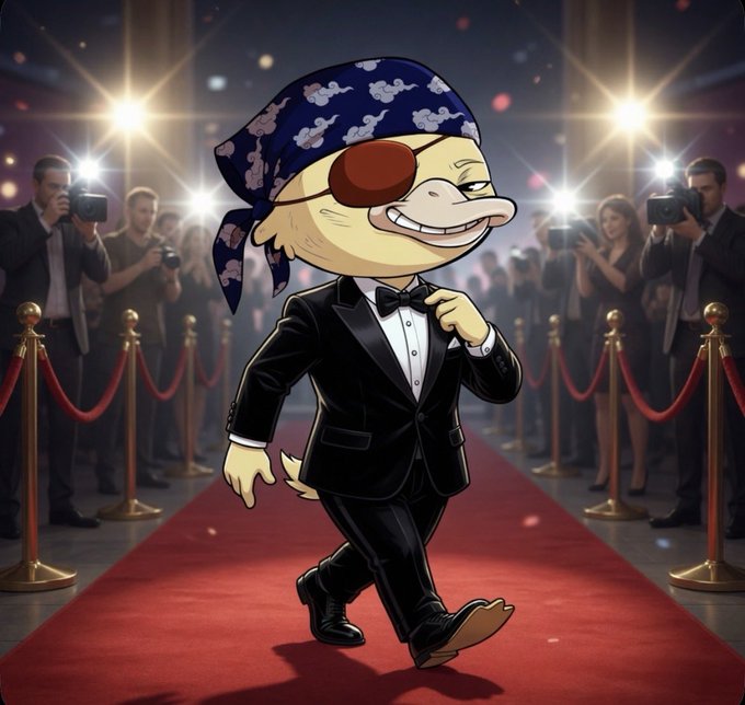 The image features a cartoon duck walking down a red carpet with a crowd of people taking pictures, dressed up for an event. The duck is wearing a suit and tie, giving off a sophisticated and elegant vibe. The caption reads "@wallchain select campaign" which suggests that this might be related to the wallchain brand or a special event where wallchains are being showcased.

The image also includes text elements such as "focus on what is in the image", "Also GN will try to". These elements help provide context and further emphasize the connection between the cartoon duck's attire and the wallchain select campaign.