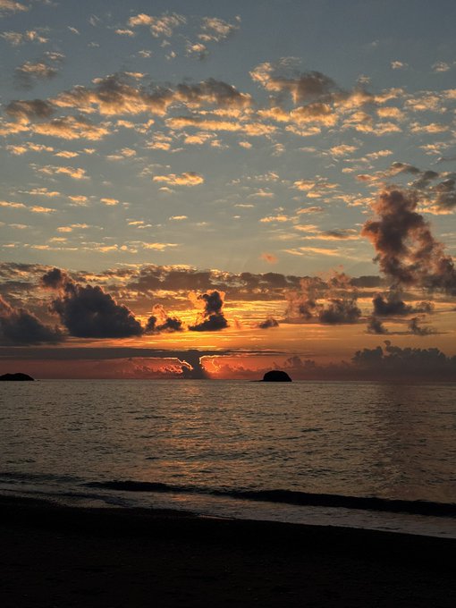 A serene sunrise over the ocean with scattered clouds painted in golden hues, casting a warm glow across the calm waters and beach. The tranquil scene perfectly complements a "Gm everyone" greeting, offering a peaceful start to the day.