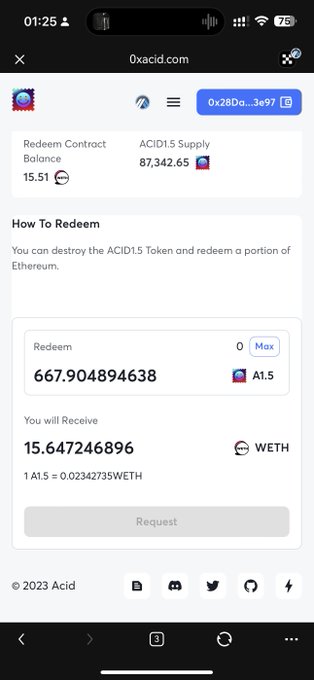 This screenshot from Oxacid.com shows a DeFi project interface where users can redeem ACID1.5 tokens for WETH, potentially illustrating the poster's warning about past DeFi projects. The interface displays the ACID1.5 supply and indicates a redemption offer of 15.647246896 WETH for 667.904894638 ACID1.5.