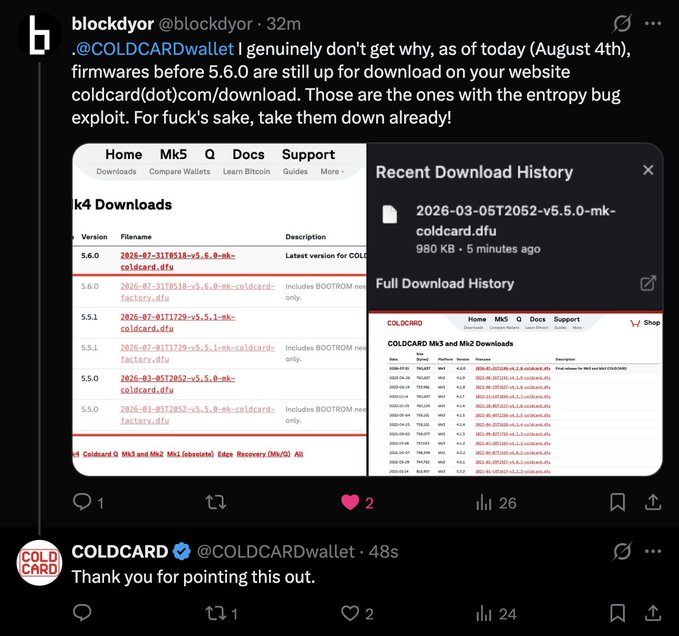 A user named blockdyor criticizes COLDCARDwallet for still hosting firmware versions before 5.6.0 on coldcard.com/download as of August 4th, highlighting that those older versions contain a known entropy bug exploit. The post includes screenshots showing firmware versions 5.5.0 and earlier still listed alongside download history, with COLDCARDwallet's brief reply thanking them for the heads-up.