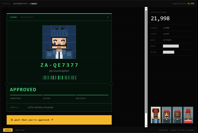 A pixel-art style interface for the ZADOR WHITELIST shows an 'APPROVED' status for ZA-QE7377/@liuhaifeng1019 with a submission of 21,998 applications to the orchard pool on zcash.