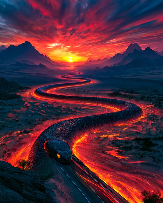 A massive serpent with glowing eyes slithers through a volcanic landscape with rivers of lava, set against a dramatic red and orange sunset sky.