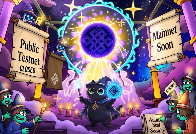 A colorful cartoon illustration announcing 'Public Testnet CLOSED' and 'Mainnet Soon' with magical cat characters surrounding a glowing portal.