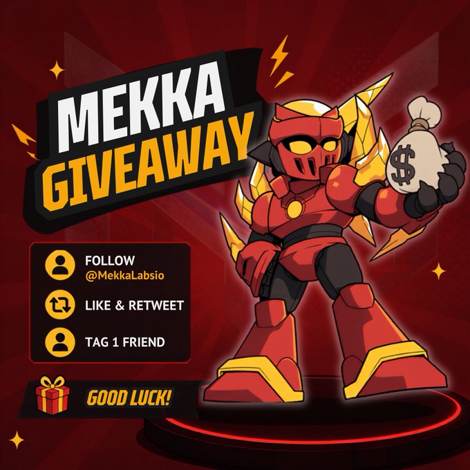 A vibrant "MEKKA GIVEAWAY" promo features a red and gold armored mecha character holding a money bag, with instructions to follow @MekkaLabsio, like & retweet, and tag a friend to win a Common Mekka Dynasty NFT with OG mint access for $15 in $ADA, $USDCx, or $USDM starting July 29.