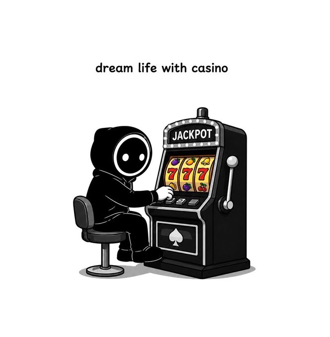 A cartoon illustration of a hooded figure playing a 'JACKPOT' slot machine with the caption 'dream life with casino'.