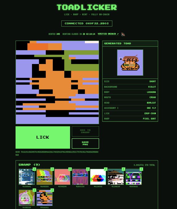 A pixel-art generator interface titled "TOADLICKER" displays a generated toad character with attributes like "SHORT" size, "LADYBIRD" body, and "CROAK" mouth.