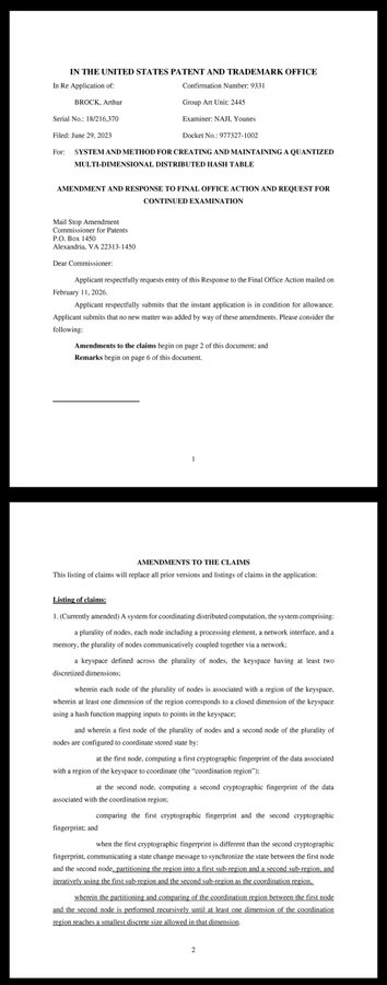 A United States Patent and Trademark Office filing for 'SYSTEM AND METHOD FOR CREATING AND MAINTAINING A QUANTIZED MULTI-DIMENSIONAL DISTRIBUTED HASH TABLE' (Serial No. 18/216,370), showing the amendment and response to final office action and request for continued examination.