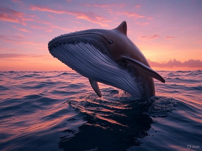 A digital illustration of a large whale breaching out of the ocean at sunset, with a pink and purple sky in the background. The image has a "Grok" watermark in the bottom right corner.