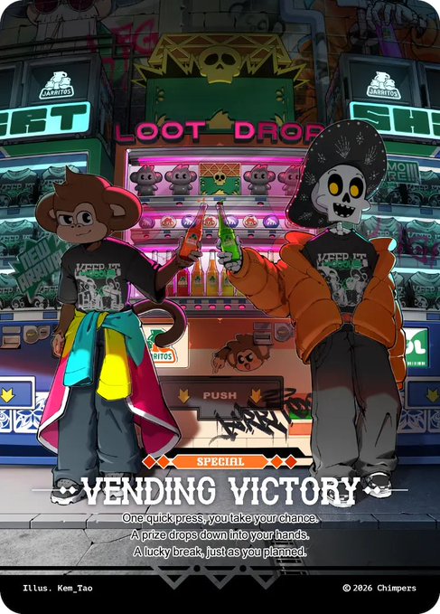 A trading card titled "VENDING VICTORY" (marked "SPECIAL") depicts two chimp mascots—one a brown chimp and one a skeleton in a pirate hat—both wearing "KEEP IT" shirts and holding drinks in front of a "LOOT DROP" vending machine, with text reading "One quick press, you take your chance. A prize drops down into your hands. A lucky break, just as you planned." — illustrating the rarity of the collectible teased in the ChimpersHQ post, suggesting this is a preview of an upcoming physical card from the 2026 Chimpers series (illus. Kem.Tao).