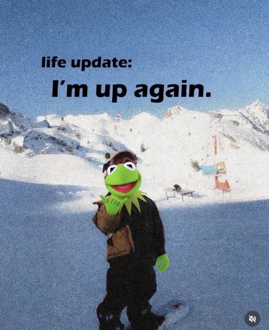 A Kermit the Frog meme edited into a snowy mountain scene wearing a winter outfit, with text reading 'life update: I'm up again.'