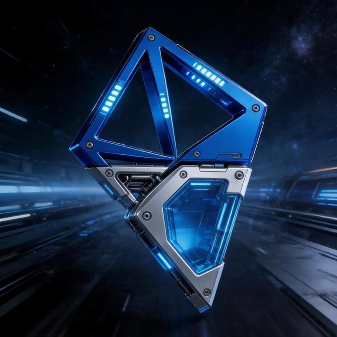 A futuristic blue and silver metallic diamond-shaped logo glows with blue light against a dark sci-fi background.