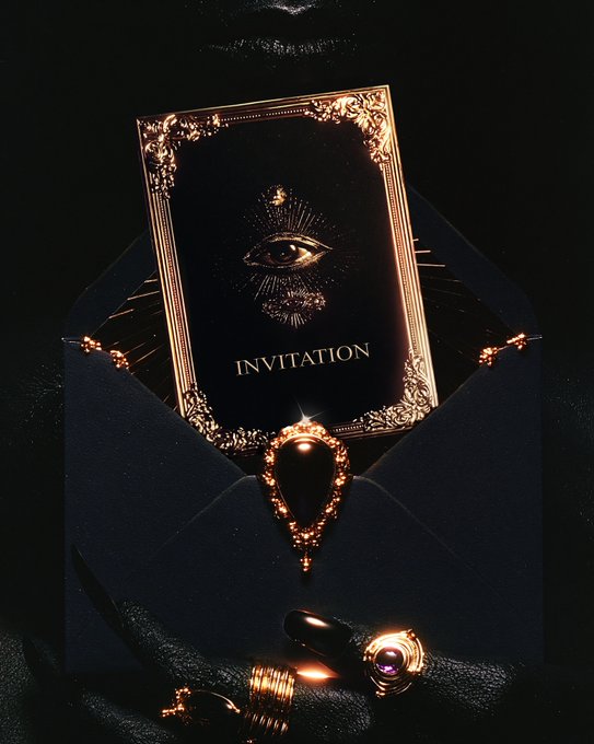 A dark, ornate invitation card reading 'INVITATION' featuring an eye symbol, displayed with a black gem pendant and decorative rings inside an open envelope.