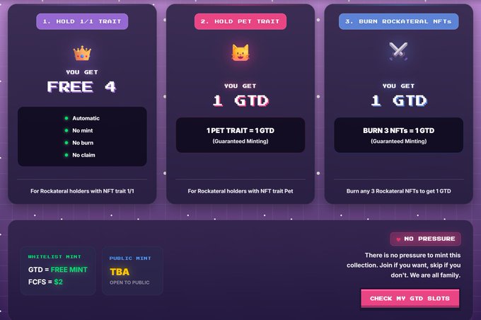 A dark purple promotional graphic titled "GTD" outlines three benefit cards—holders of NFT trait 1/1 receive Free 4 (automatic, no mint, no burn, no claim), pet trait holders get 1 GTD, and those burning 3 Rockateral NFTs receive 1 GTD—with whitelist minting at $2 and "NO PRESSURE" messaging, aligning with the post's discussion of Rockateral NFTs and the developer's @Mr_Anchovy_ project that has reportedly surged 5x since a 0.01 ETH entry.
