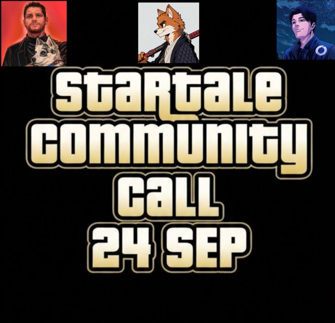 A promotional graphic for a 'startale community call' on 24 SEP, featuring three character images at the top against a black background.