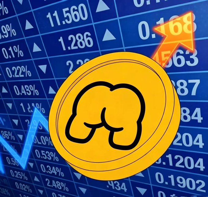 A stylized gold coin featuring a cartoon buttocks illustration sits prominently in the foreground, overlaid against a blue stock market board displaying various ticker numbers, percentages, and directional arrows. An orange arrow points upward to the right of the coin, reinforcing a bullish sentiment that aligns with the post's claim of "$Buttcoin" being a "100% dividend" "Stonks" and the "next alpha" — visually framing the meme token as a rising investment opportunity.