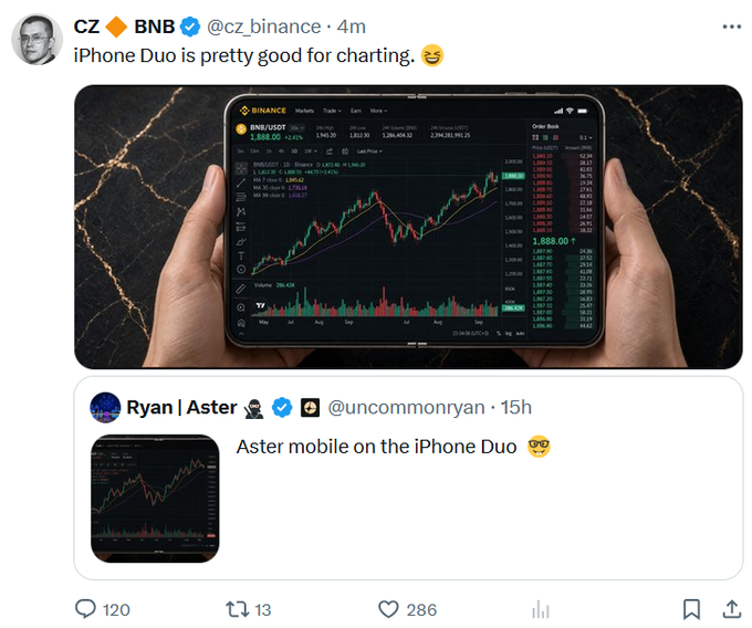 CZ (@cz_binance) tweets 'iPhone Duo is pretty good for charting' showing someone holding a foldable phone displaying a Binance BNB/USDT trading chart, quoting a post by Ryan (@uncommonryan) about Aster mobile on iPhone Duo.