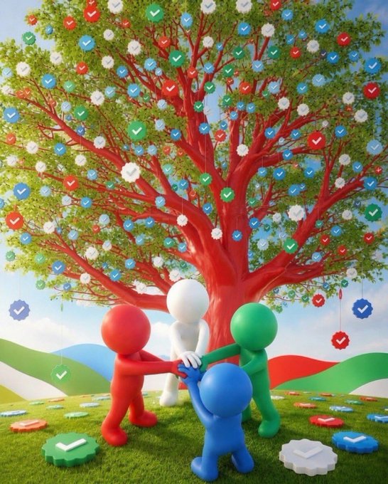 A 3D rendered illustration shows four colorful humanoid figures (red, white, green, blue) holding hands in a circle beneath a large tree with hanging checkmark icons, symbolizing unity or validation.