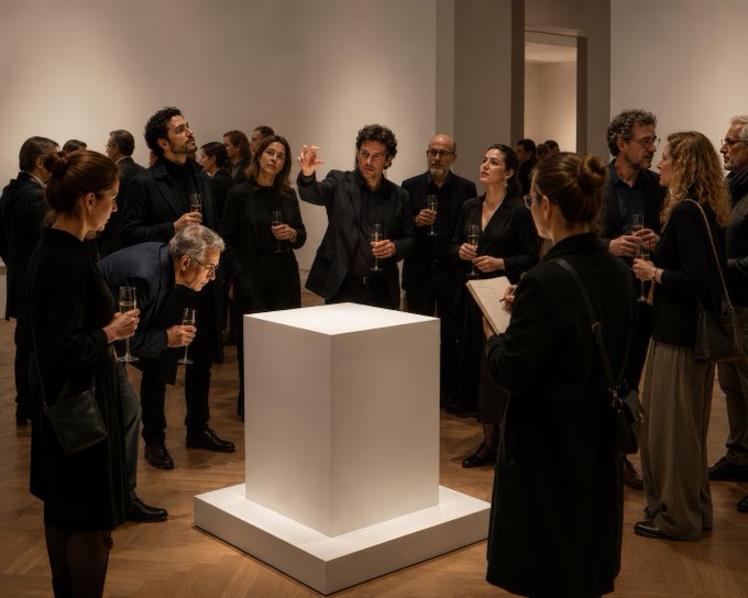 A group of formally dressed individuals holding wine glasses gather around a glowing white cube displayed on a pedestal in a minimalist gallery setting, with one man gesturing as if explaining the artwork.
