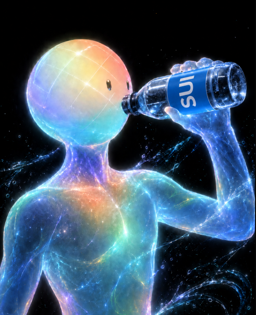 A surreal digital art piece showing a cosmic, galaxy-filled humanoid figure drinking from a bottle labeled 'SNS' against a starry background.