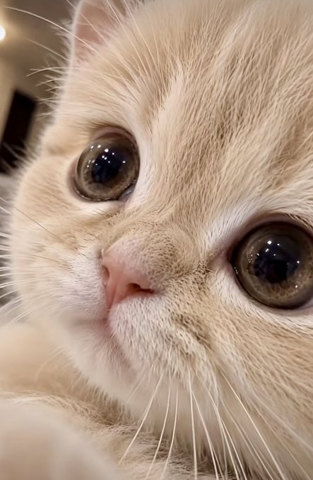 A close-up photo of a cream-colored kitten with large, curious eyes and a pink nose looking directly at the camera.