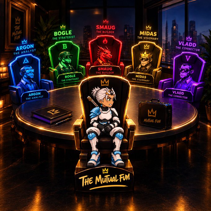 A digital illustration titled 'The Mutual Fun' showing a central character seated in a golden throne, surrounded by five character portraits in colorful neon-lit chairs labeled Argon (The Analyst), Bogle (The Strategist), Smaug (The Builder), Midas (The Visionary), and Vladd (The Connector), with a 'Mutual Fun' briefcase nearby.